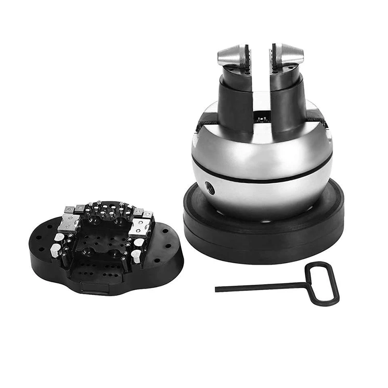 Professional micro engraving ball vise with an attachment base plate and adjustment hex wrench tool.