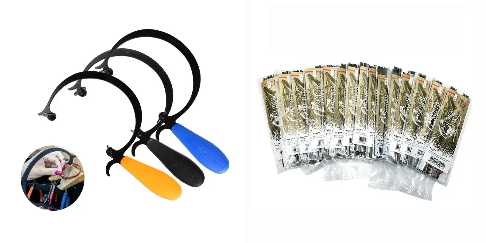 Adjustable jeweler's saw frames with colorful handles alongside a pack of piercing saw blades.