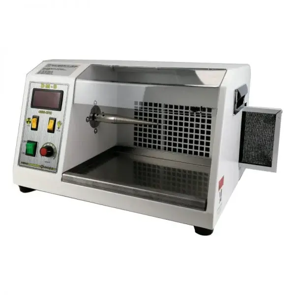 Benchtop jewelry polishing lathe and buffer featuring an enclosed hood, side filter, and dust collector system.