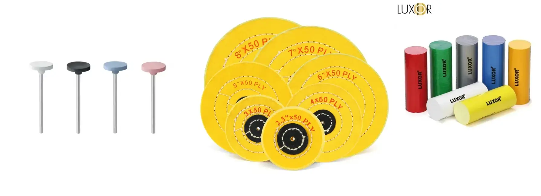 Assorted rubber silicone burs, yellow cotton buffing wheels, and Luxor polishing compounds.