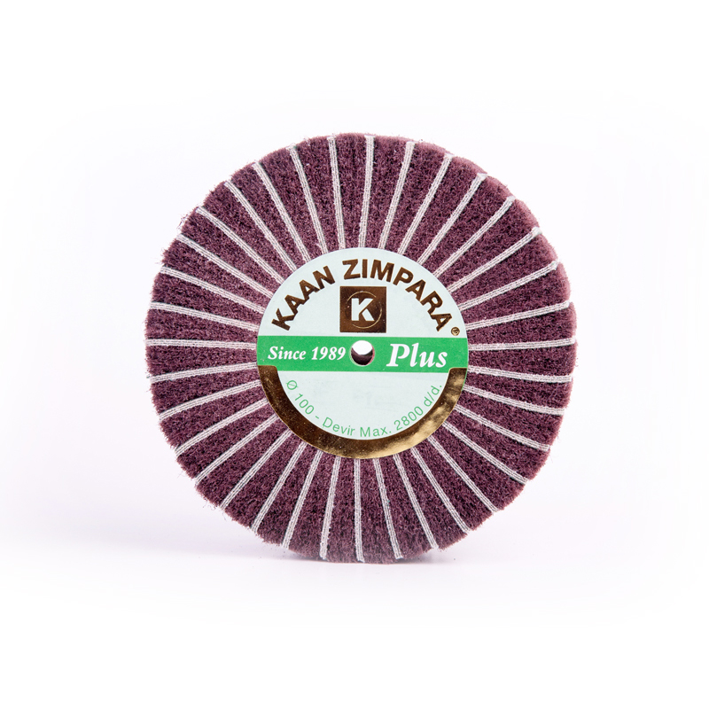 kaan zimpara® plus brown brush Front perspective view of the KAAN ZIMPARA Plus 100mm brown fiber abrasive flap brush wheel displaying its dense radial construction.