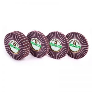 Row display of four KAAN ZIMPARA Plus 100mm brown fiber abrasive flap wheels illustrating the 7mm, 10mm, 15mm, and 30mm thickness variations.