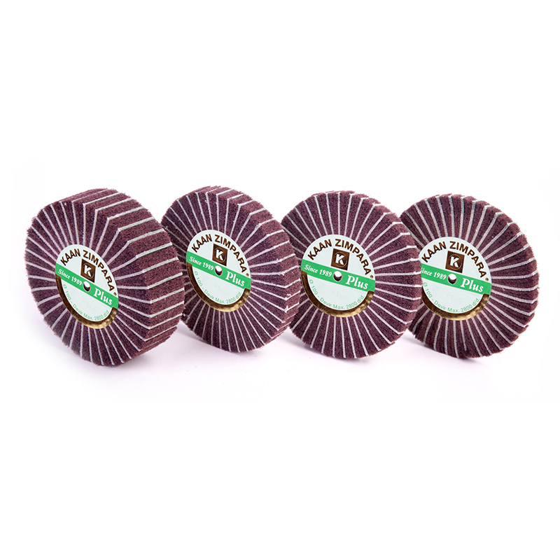 kaan zimpara® plus brown brush Row display of four KAAN ZIMPARA Plus 100mm brown fiber abrasive flap wheels illustrating the 7mm, 10mm, 15mm, and 30mm thickness variations.