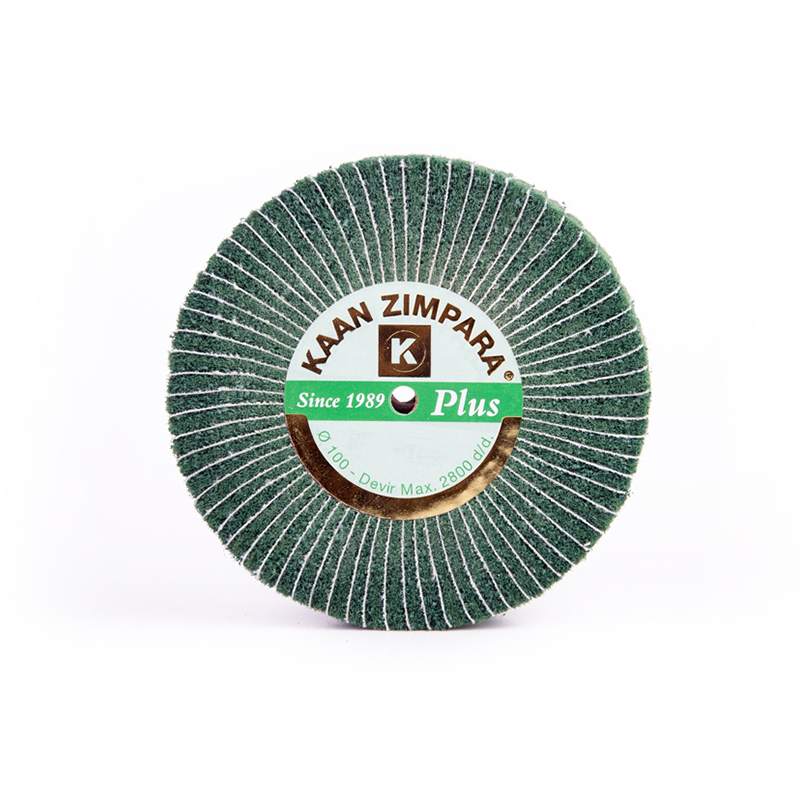 kaan zimpara® plus green brush Front perspective view of the KAAN ZIMPARA Plus 100mm green abrasive flap brush wheel displaying its dense radial fiber construction.