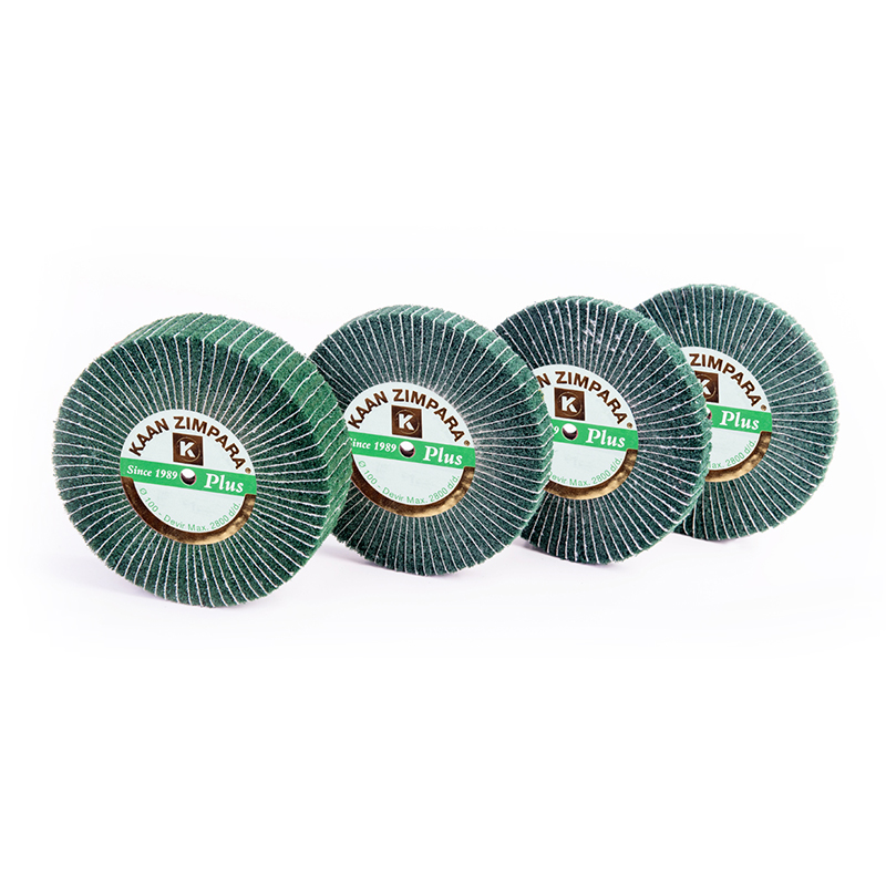 kaan zimpara® plus green brush Row display of four KAAN ZIMPARA Plus 100mm green abrasive flap wheels showcasing the 7mm, 10mm, 15mm, and 30mm thickness variations.