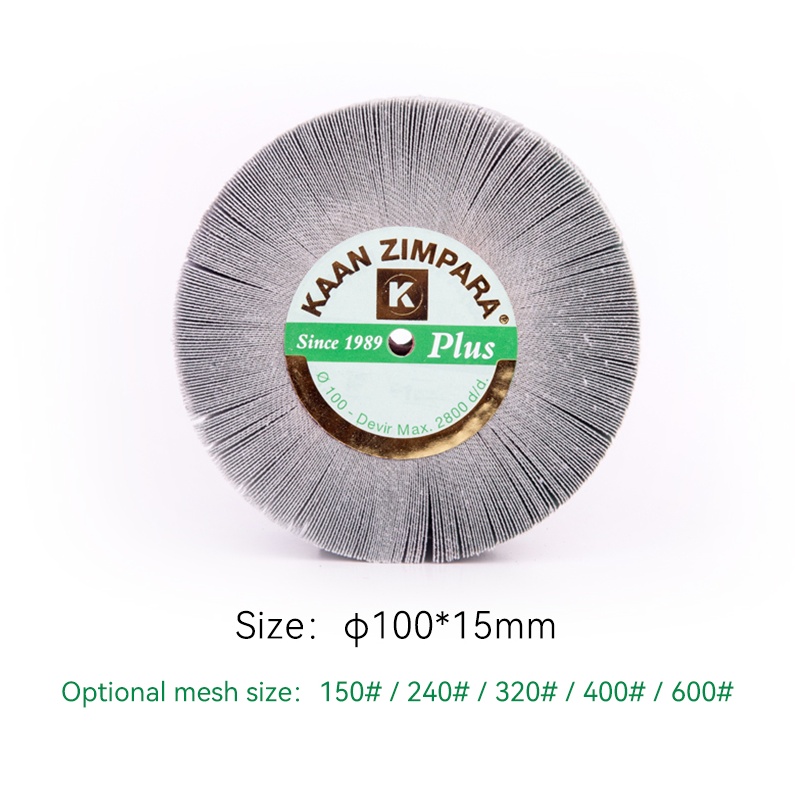 kaan zimpara® plus emery fan diamond grind full sandwich cap Specification overview of the KAAN ZIMPARA Plus 100x15mm grinding wheel displaying its 150 to 600 grit range.