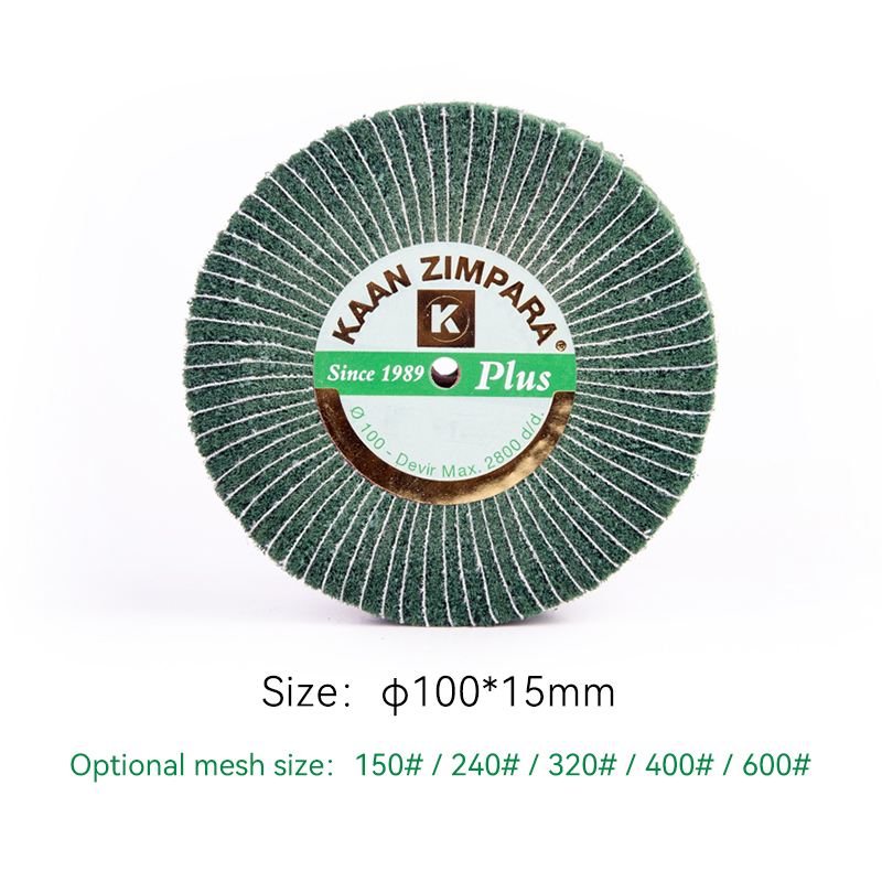 kaan zimpara® plus green brush Dimensional and mesh specification view of the KAAN ZIMPARA Plus 100x15mm medium-wide green abrasive flap wheel.