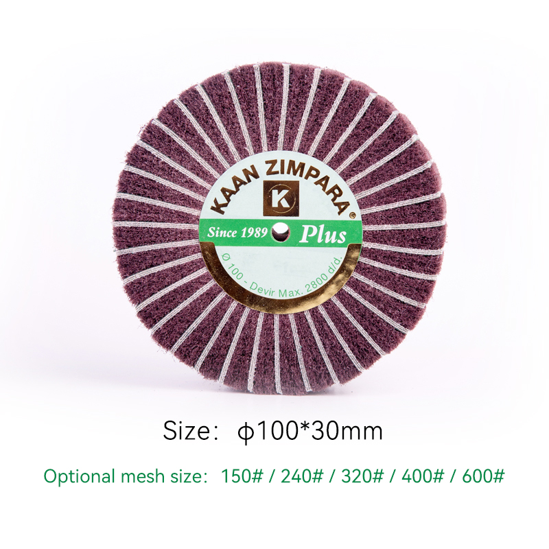 kaan zimpara® plus brown brush Specification overview for the wide-profile KAAN ZIMPARA Plus 100x30mm brown fiber brush wheel highlighting available grit options from 150 to 600 mesh.