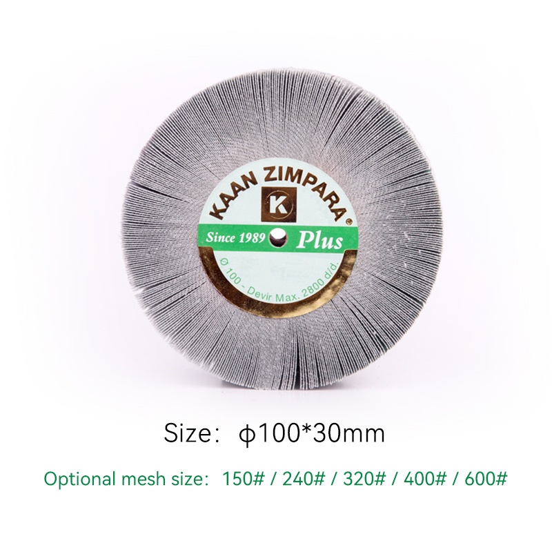 kaan zimpara® plus emery fan diamond grind full sandwich cap Product specification layout for the KAAN ZIMPARA Plus 100x30mm diamond emery fan wheel highlighting available grit options from 150 to 600 mesh.