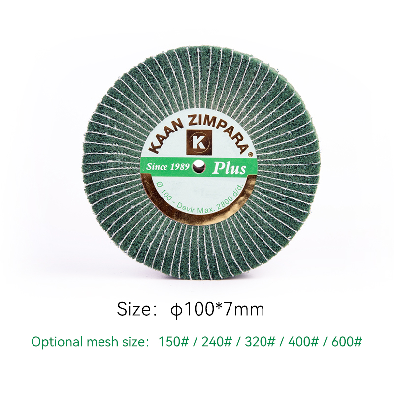 kaan zimpara® plus green brush Detail layout for the KAAN ZIMPARA Plus 100x7mm slim-profile green abrasive flap wheel with available mesh sizes from 150# through 600#.