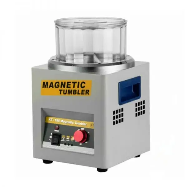 KT-185 compact magnetic tumbler with clear bowl and timer control for batch deburring and polishing jewelry.