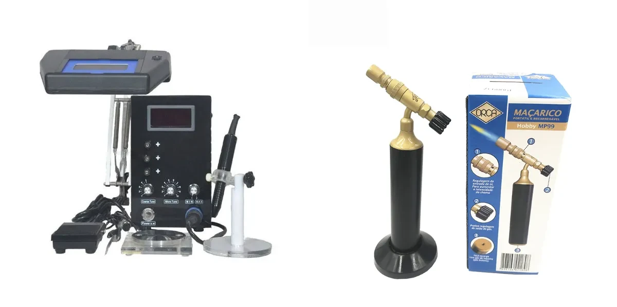 Jewelry micro-welding control unit paired with a portable refillable hobby gas torch and packaging box.