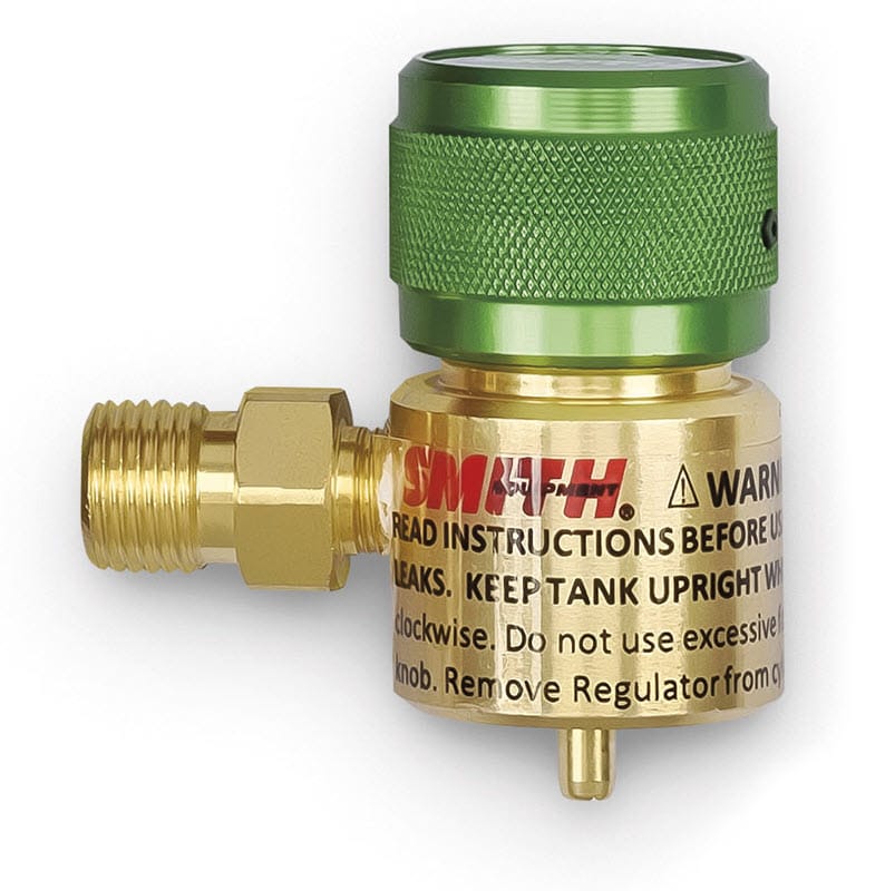 miller® smith preset regulators Side view of the Miller Smith #249-499B green oxygen preset regulator displaying the solid brass body, warnings, and B-fitting outlet.