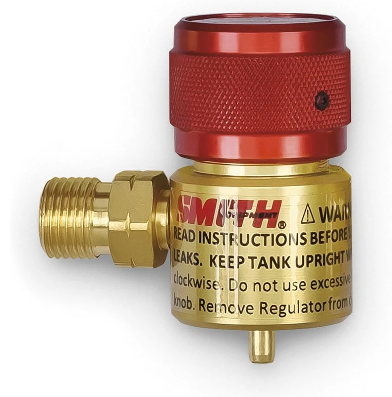miller® smith preset regulators Side profile of the Miller Smith #249-500B red propane preset regulator showing the solid brass body and CGA-600 inlet pin.