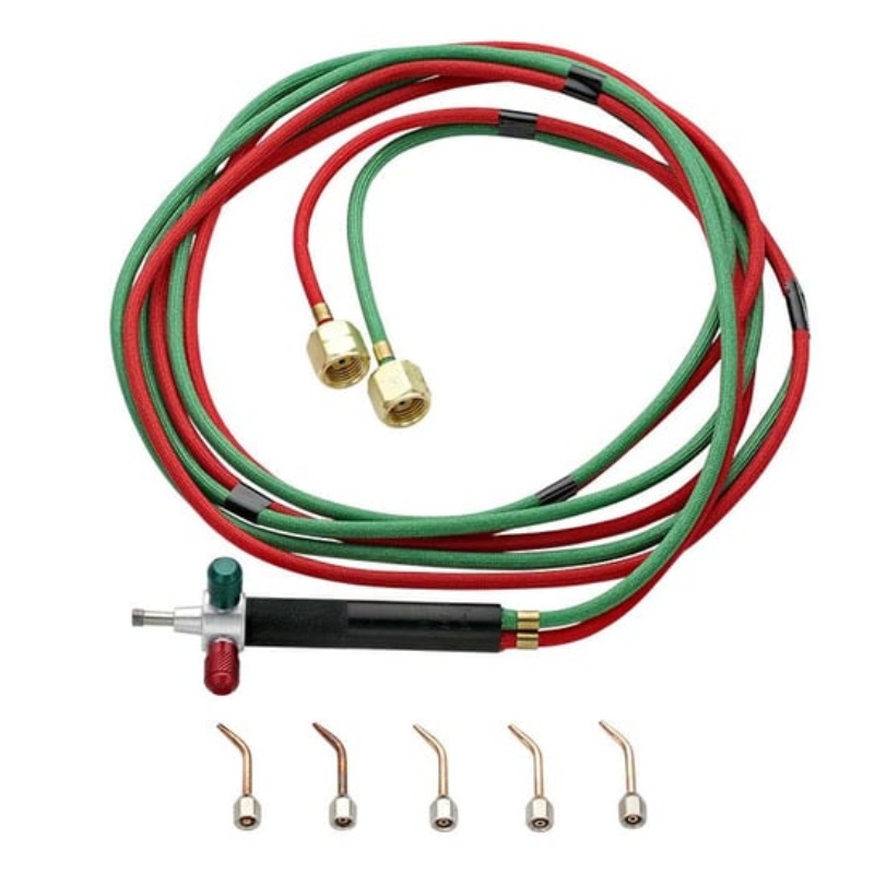 miller® smith the little torch kits basic Layout of the Miller Smith Little Torch body connected to dual hoses with all five curved brass soldering tips aligned below.