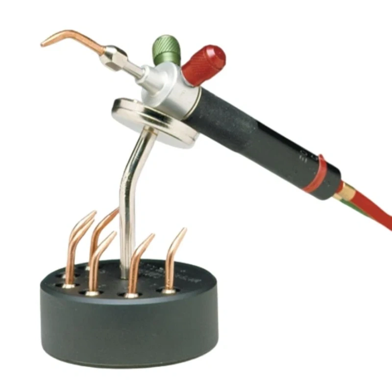 miller® smith magnetic torch stand and tip organizer Application display of the Miller Smith magnetic stand securely holding a Little Torch handle with multiple soldering tips inserted in the base.