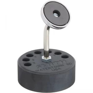 Front perspective view of the Miller Smith magnetic torch stand showing the angled disc magnet and weighted seven-hole base.