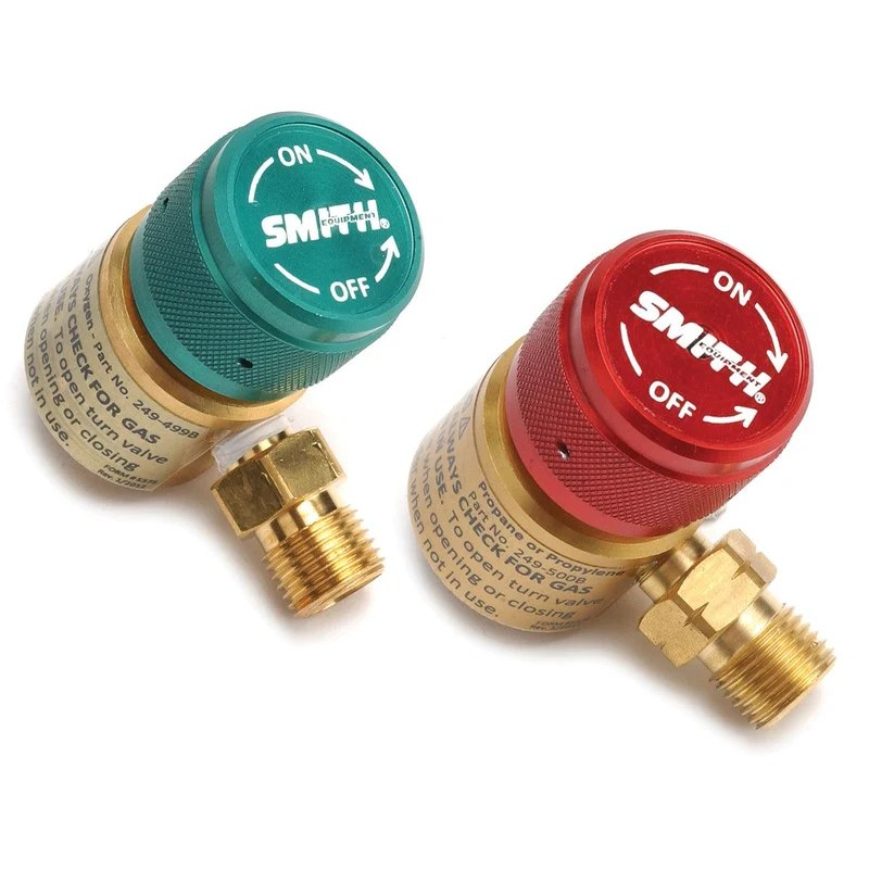 miller® smith preset regulators Top-angled pair view of Miller Smith #249-499B green oxygen and #249-500B red fuel preset regulators for disposable gas canisters.