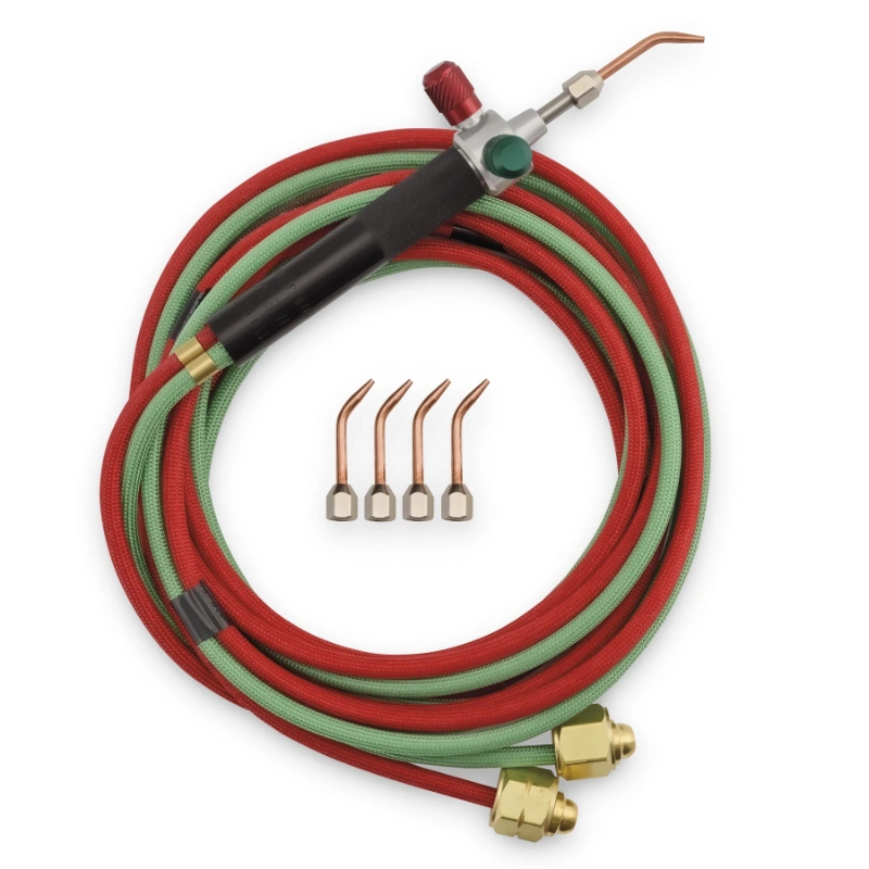 miller® smith the little torch kits basic Top-down view of the Miller Smith Little Torch handle with coiled green and red dual hoses and four curved replacement soldering tips.