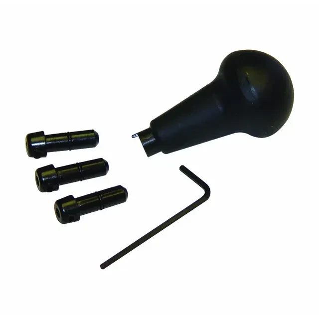 Pneumatic engraving handpiece tool kit complete with interchangeable collet pins and an Allen wrench.