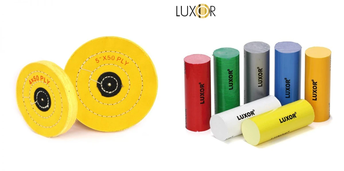 yellow cotton buffing wheels and assorted colored polishing compound bars for metal finishing.