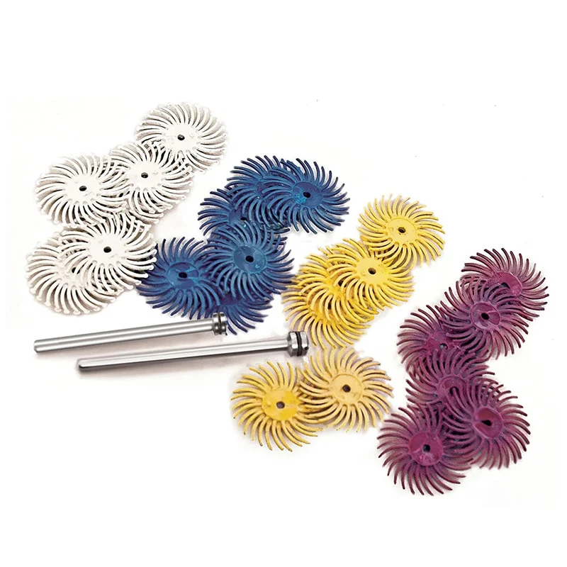 Assorted multi-color abrasive radial bristle discs with mandrels for polishing jewelry to a high shine.