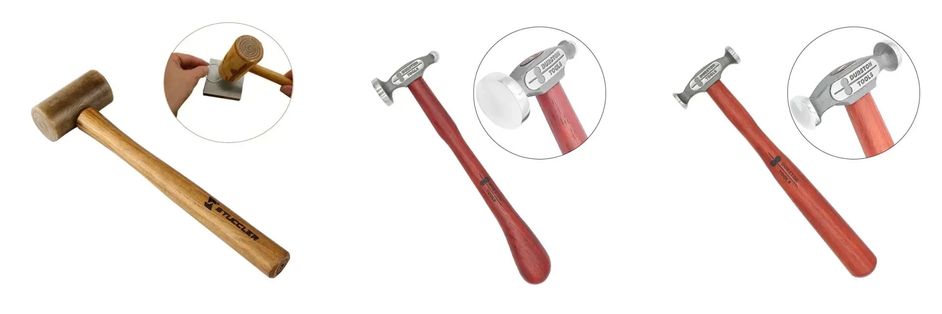 A wooden rawhide mallet and chasing hammers with wooden handles for shaping metal jewelry.