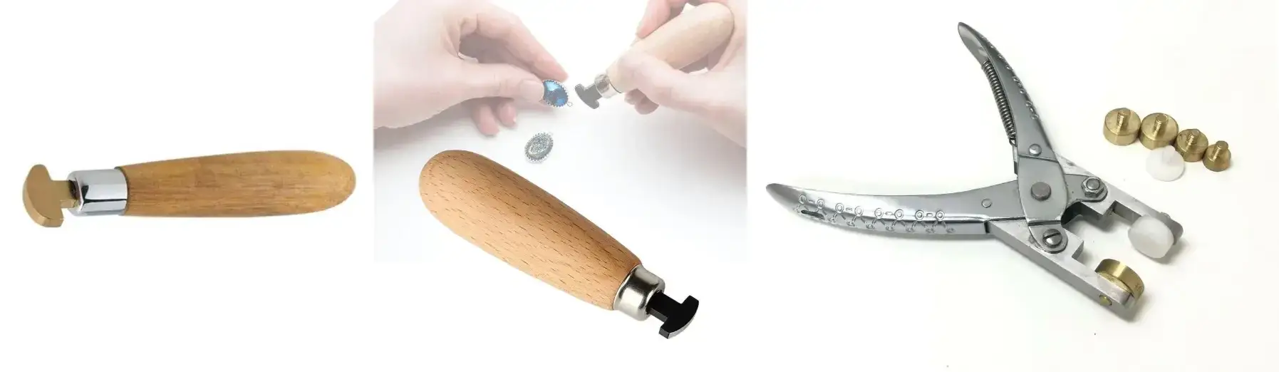 Wood handle bezel pushers, burnishers, and stone setting prong closing pliers with interchangeable jaws.