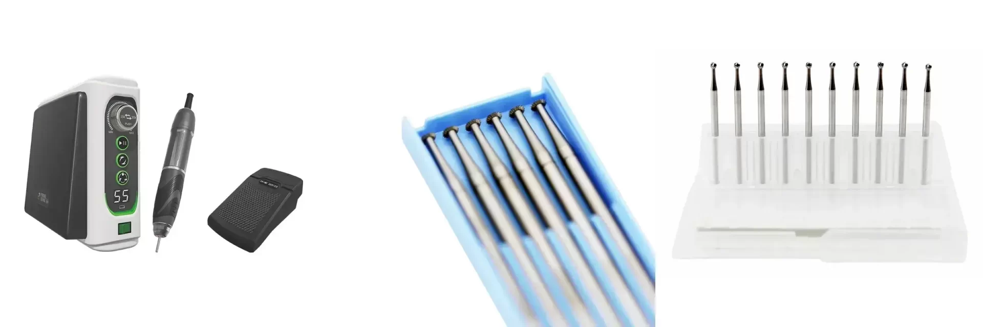 Jewelry brushless micromotor control unit with handpiece, foot pedal, and setting burs set.