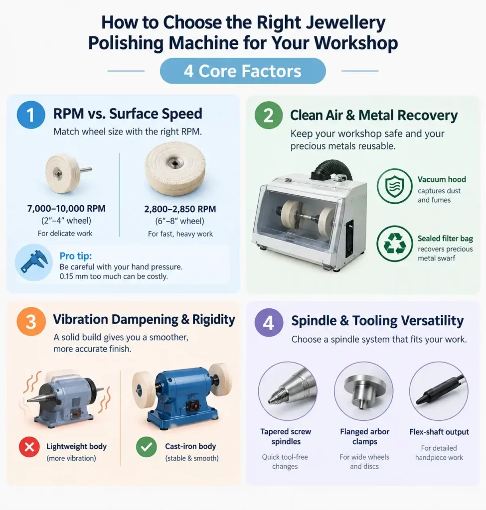 Guide on 4 core factors for choosing a jewelry polishing machine: RPM, dust recovery, rigidity, and spindles.