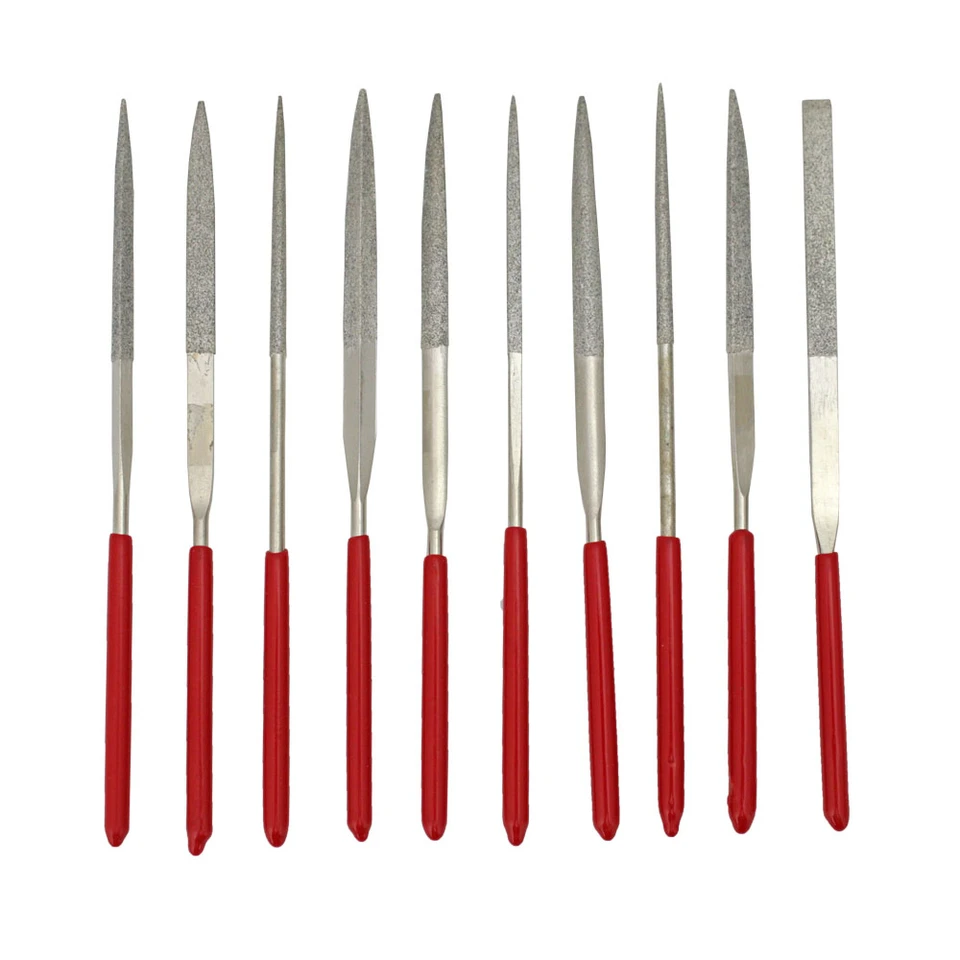 Ten-piece diamond needle file set with assorted profile shapes and red dipped non-slip handles.