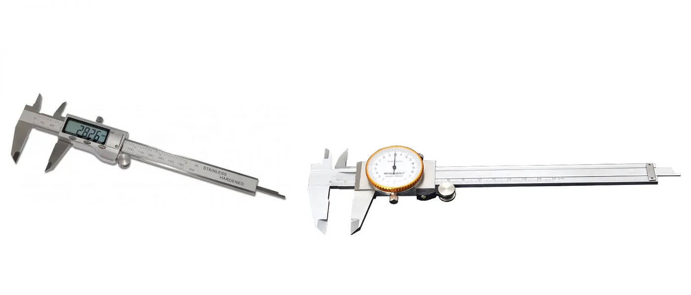 Stainless steel digital electronic caliper placed alongside an analog dial precision vernier caliper.