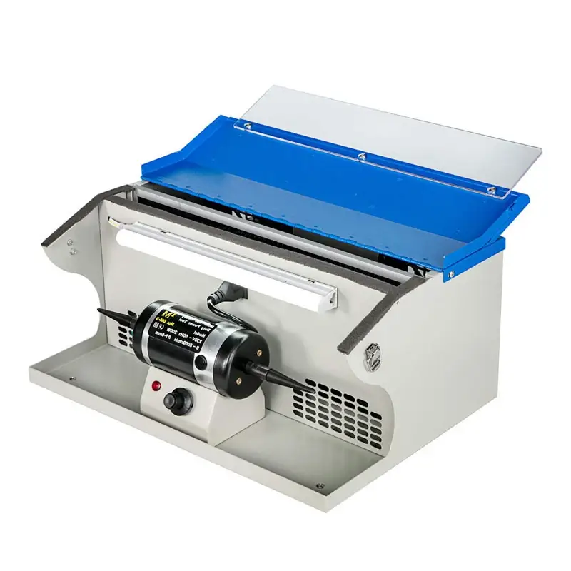 DM-5 mini bench polisher with integrated dust collector and LED light.