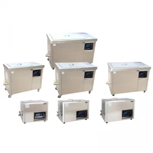 Overview of the DS-A industrial ultrasonic cleaner family showing benchtop units and floor-standing models equipped with locking casters.