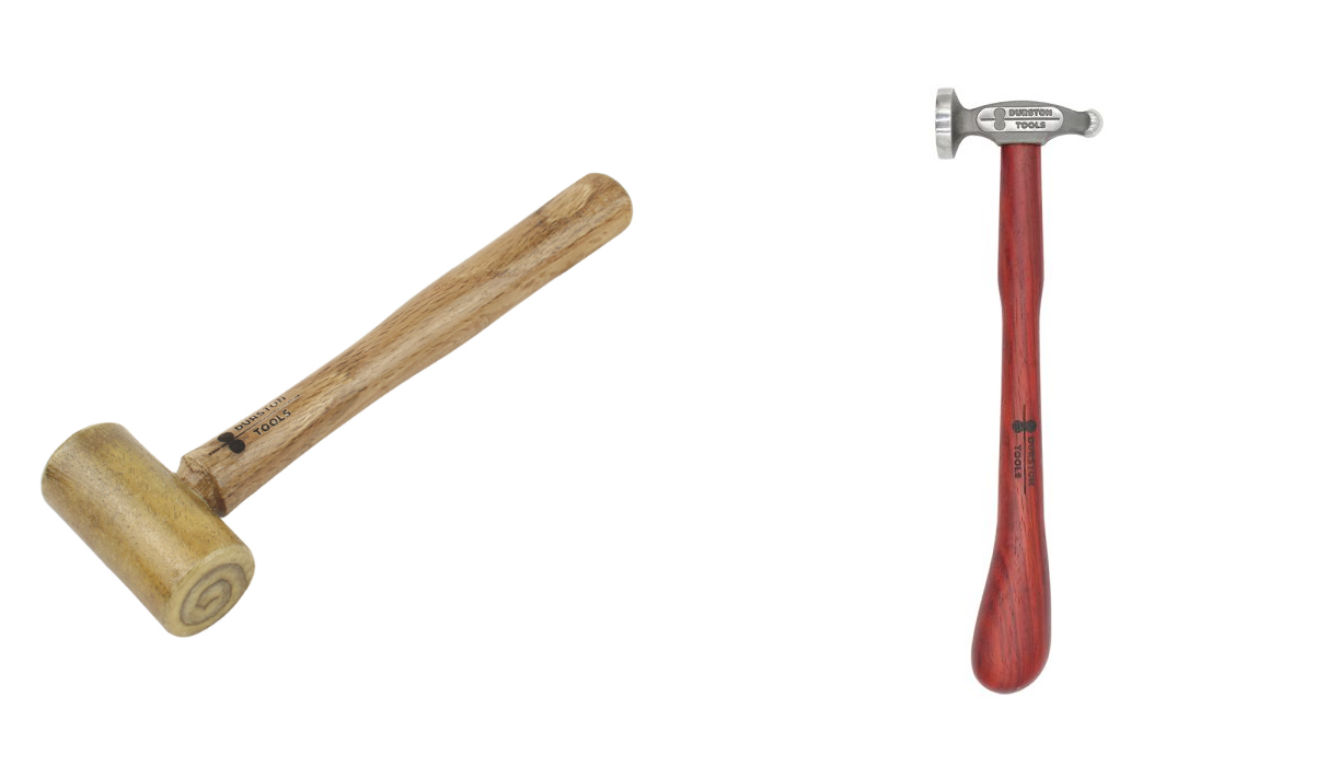 Durston rolled rawhide mallet alongside a dual-head metal chasing hammer with a red wooden handle.