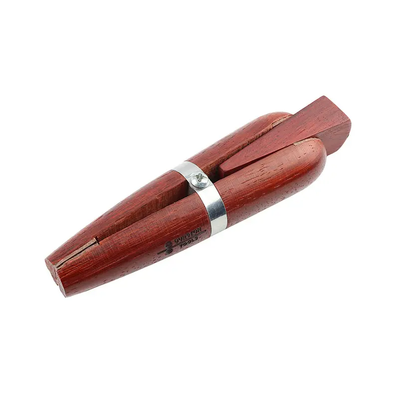 Durston traditional wooden ring clamp with side locking wedge and metal band for securing jewelry.