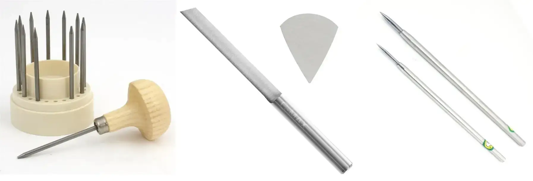 Essential stone setting hand tools showing a beading tool set, C-Max carbide graver, and millgrain wheels.