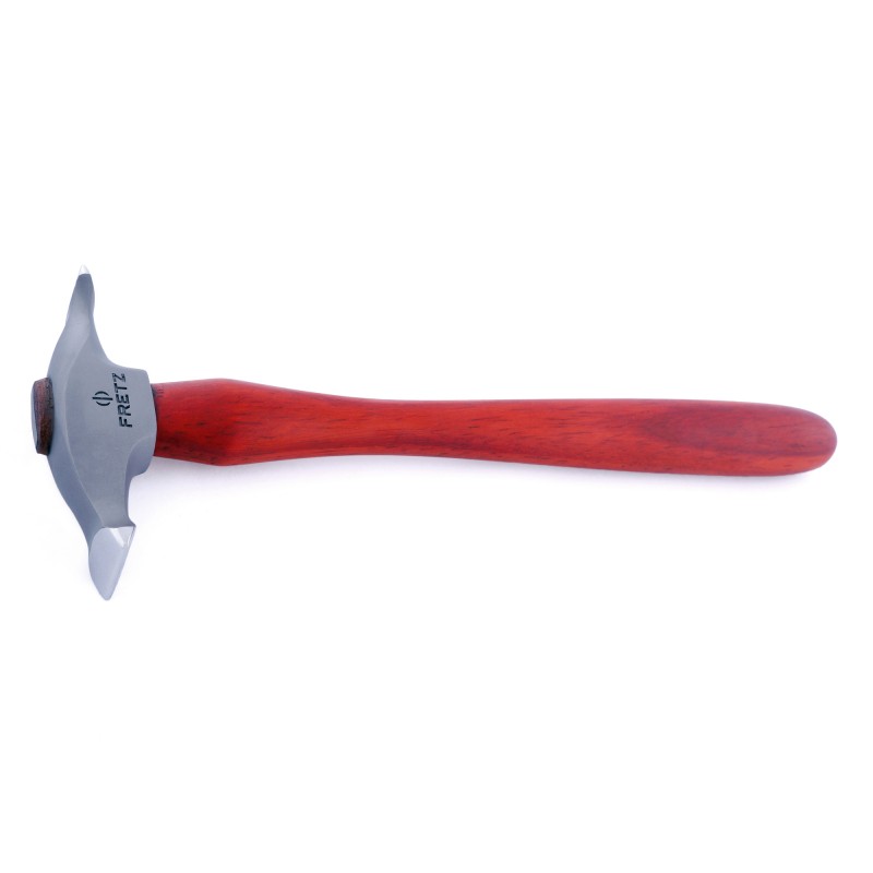 fretz® sharp texturing / raising hammer Full horizontal profile of the Fretz HMR-12 sharp texturing hammer displaying the cast stainless steel head and contoured hardwood handle.