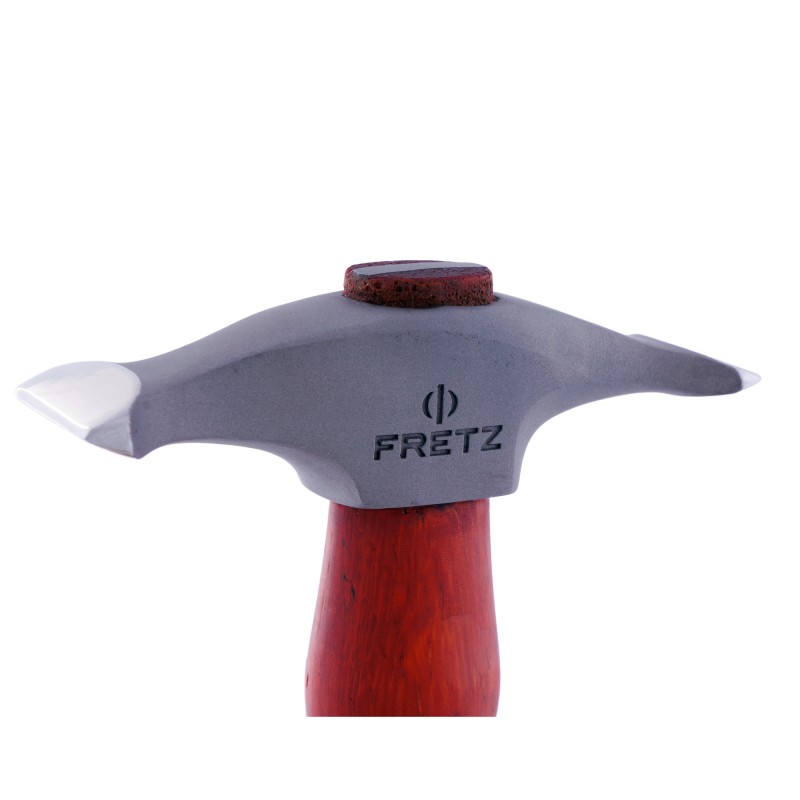 fretz® sharp texturing / raising hammer Close-up side profile of the Fretz HMR-12 hammer head showing the laser-engraved Fretz logo and ultra-narrow chisel-style striking faces.