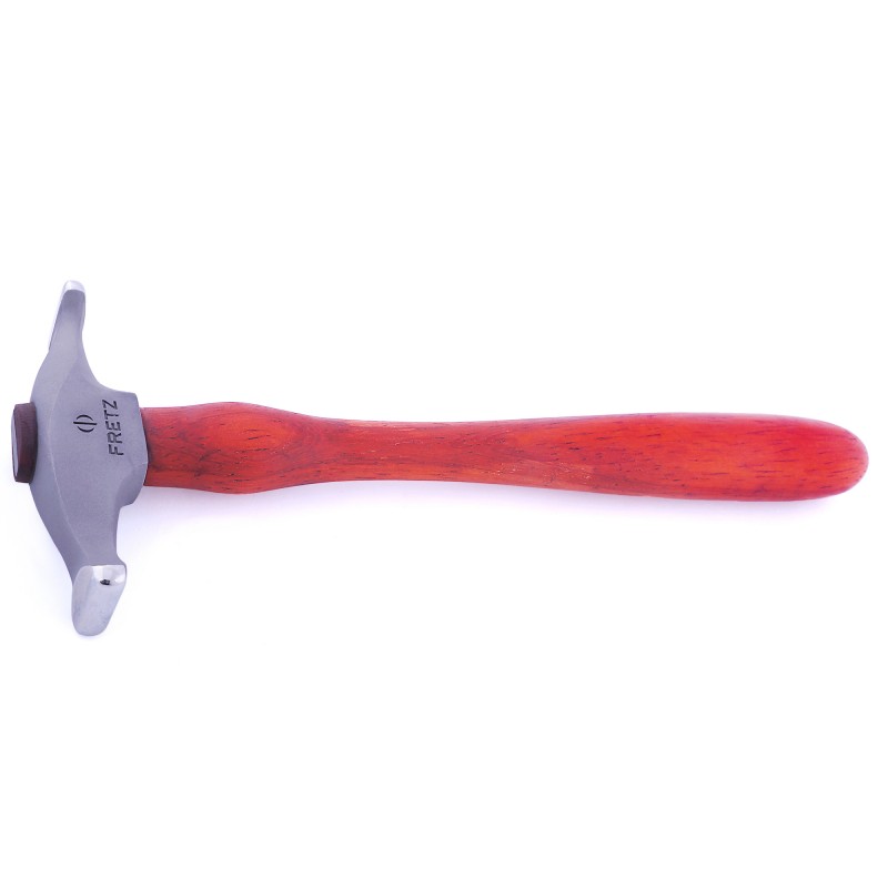 fretz® narrow raising hammer Full horizontal view of the Fretz HMR-3 narrow raising hammer displaying the polished stainless steel head and contoured wooden handle.