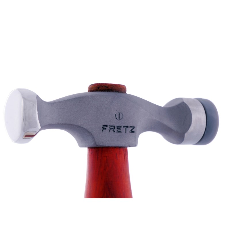 fretz® plannishing hammer w/ insert single ended version Close-up side profile of the Fretz HMR-6 planishing hammer head showing the polished steel dome face, Fretz logo, and gray plastic insert.