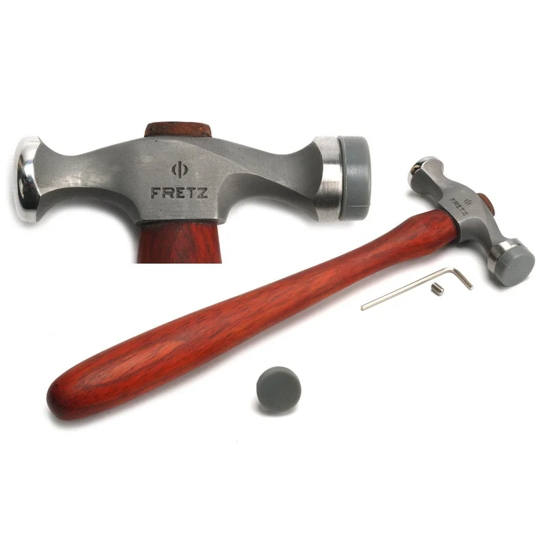 fretz® plannishing hammer w/ insert single ended version Product overview showing the Fretz HMR-6 planishing hammer alongside its spare plastic insert, hex key, and securing set screw.