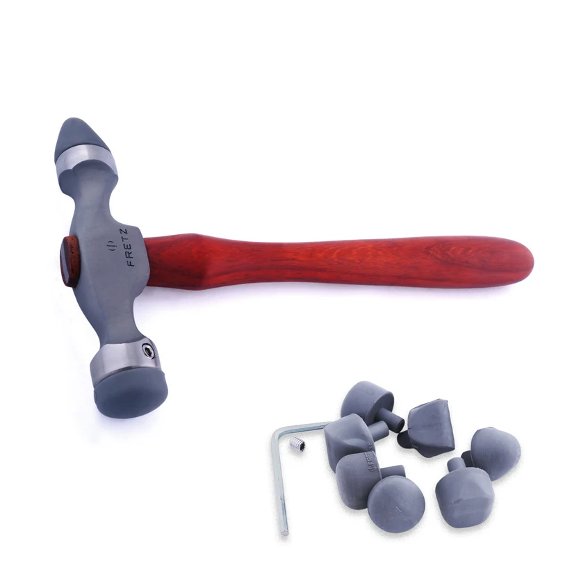 fretz® double ended insert hammer Product overview showing the Fretz HMR-7 hammer alongside its complete set of nine interchangeable plastic shaping tips and hex wrench.