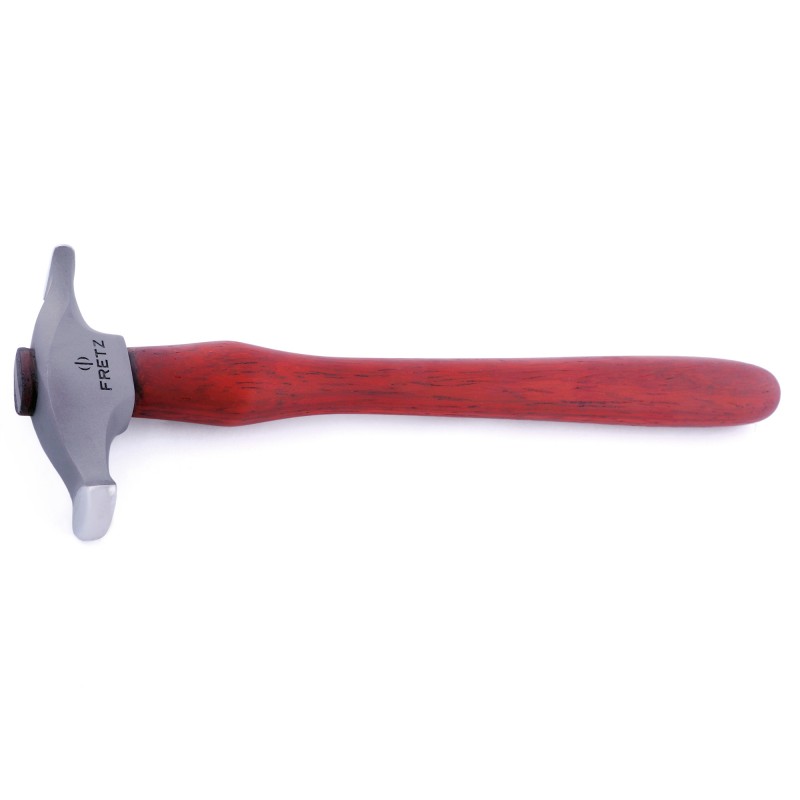 fretz® rounded narrow raising hammer Full horizontal perspective of the Fretz HMR-8 hammer displaying the stainless steel head mounted to the ergonomic contoured hardwood handle.