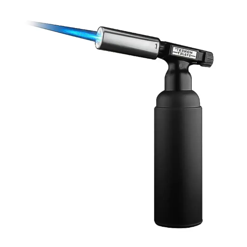 An Honest brand handheld butane torch with a blue flame, on a white background.
