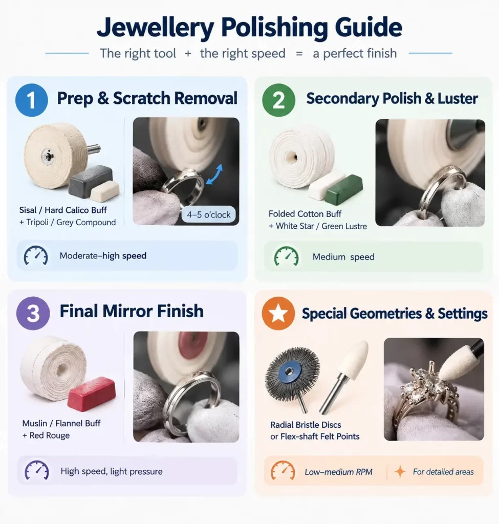 Step-by-step jewelry polishing guide from prep and scratch removal to final mirror finish.