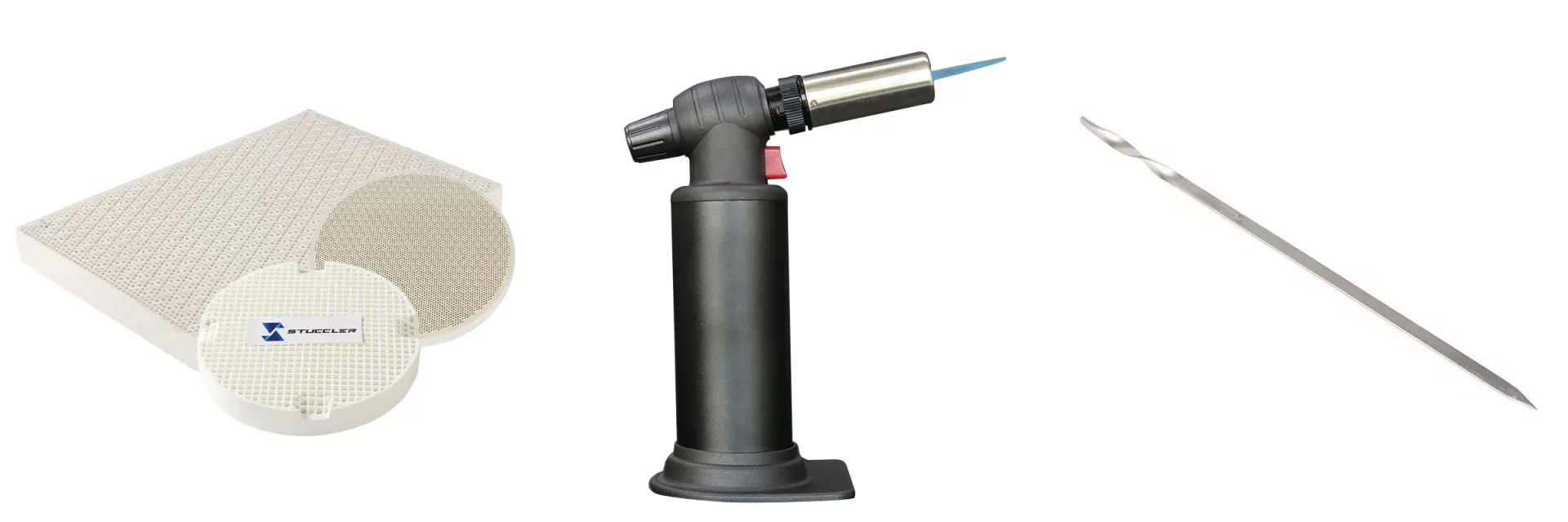 Jewelry soldering essentials kit including honeycomb ceramic soldering boards, butane micro torch, and titanium pick.