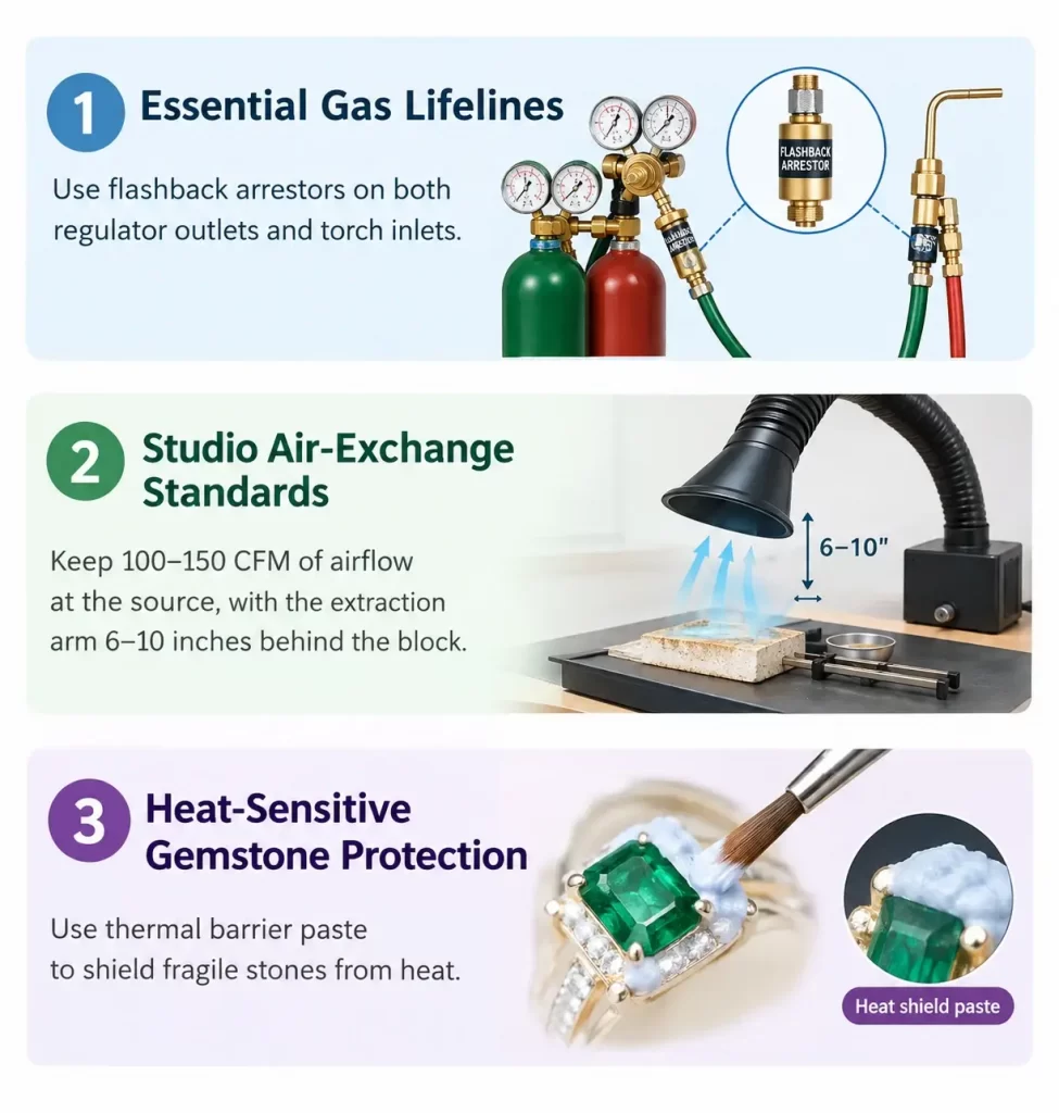 Infographic outlining jewelry soldering safety standards: flashback arrestors, studio ventilation, and gemstone protection.