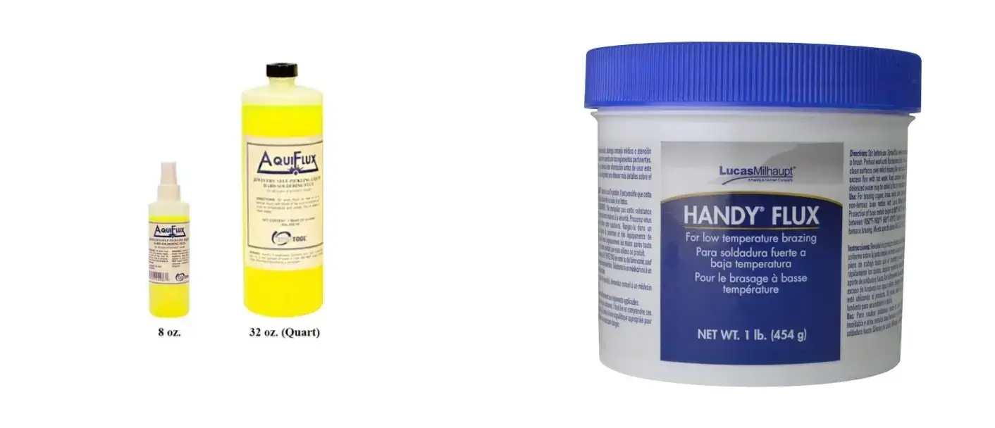 A 32 oz bottle of liquid Aquiflux soldering flux next to a 1 lb jar of Handy Flux paste.