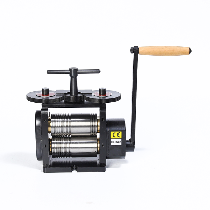 Manual metal rolling mill machine with gear reduction, T-bar adjustment handle, and wooden crank.